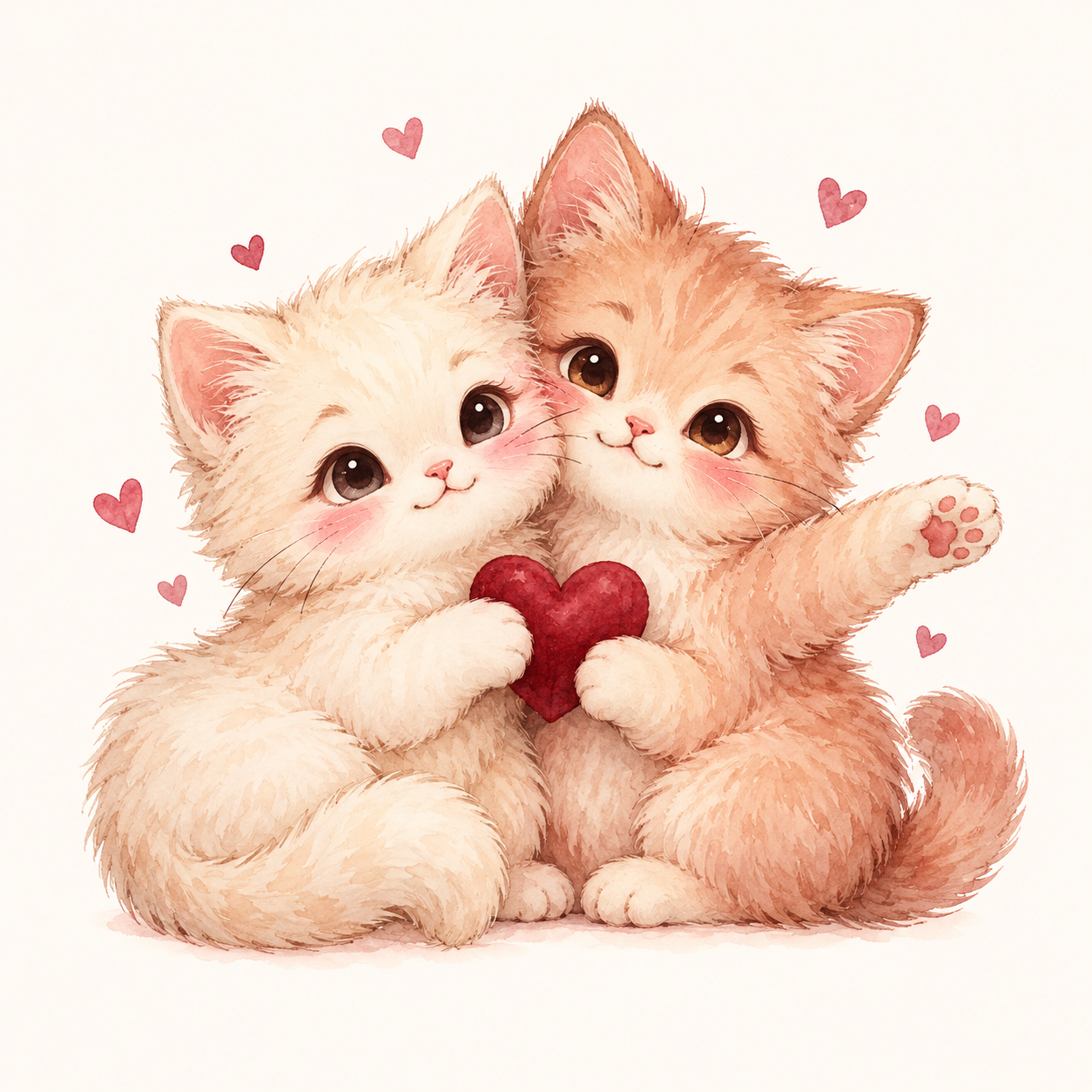 Dois gatinhos abraçadinhos com um coração; um deles aponta a patinha para guiar você.